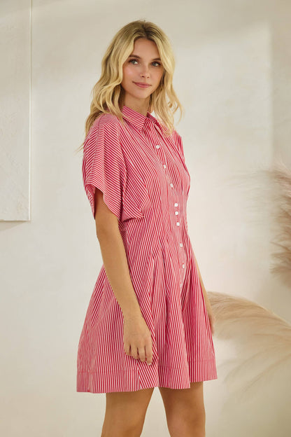 Harlow Button Down Pleated Shirt Stripe Dress: Red Stripe