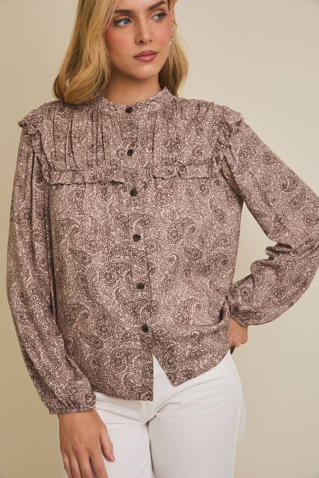 Miren Ruffle Detail Long Sleeve Button Up Shirt: Mocha-Brown Paisley