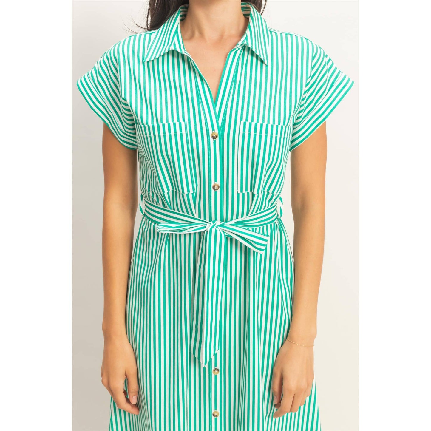 Lucky Striped Poplin Belted Shirt Dress With Pockets: GREEN