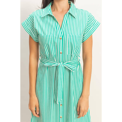 Lucky Striped Poplin Belted Shirt Dress With Pockets: GREEN