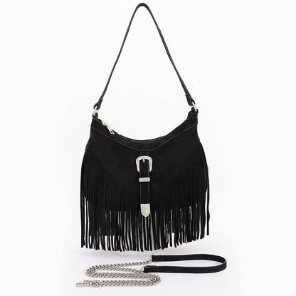 Faux suede Metal Buckle Fringe Bag: BUR