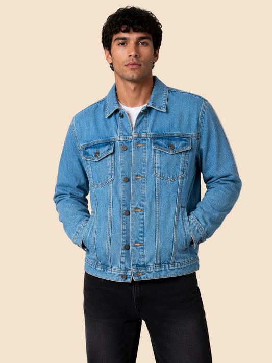 Caleb Classic Denim Trucker Jacket: Medium Blue