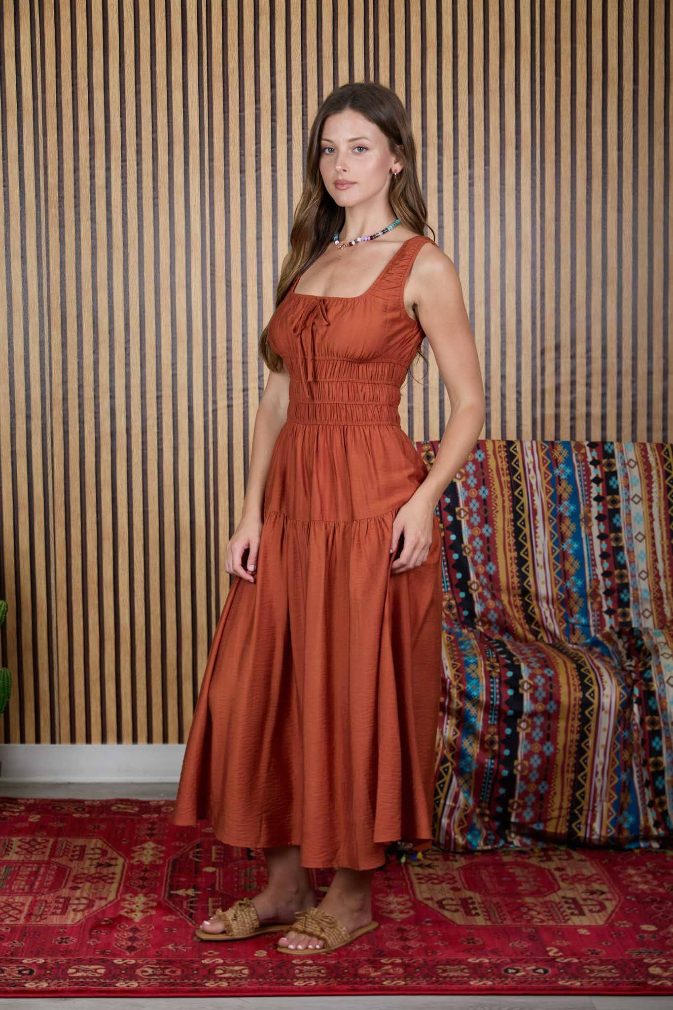 Lenora Satin Front Tie Shirred Waist Midi Dress: Rust