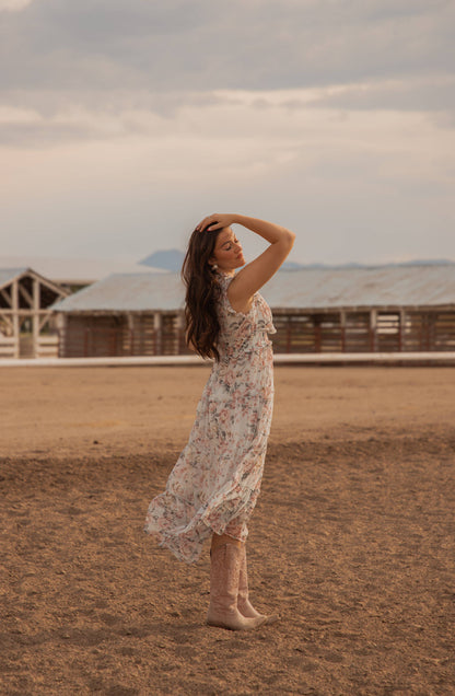 Colette Western print Woven long Dress: Floral Blue/Pink