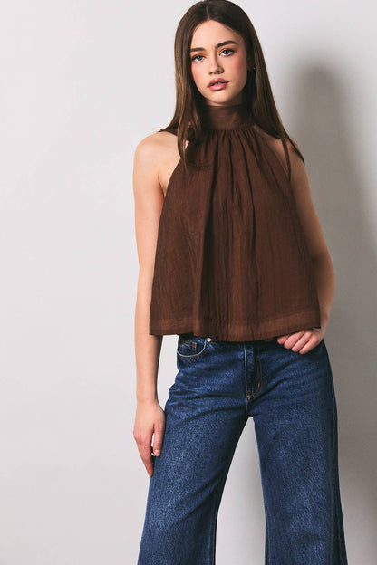 Rue Bow Detail Halter Neck Flare Top: Brown