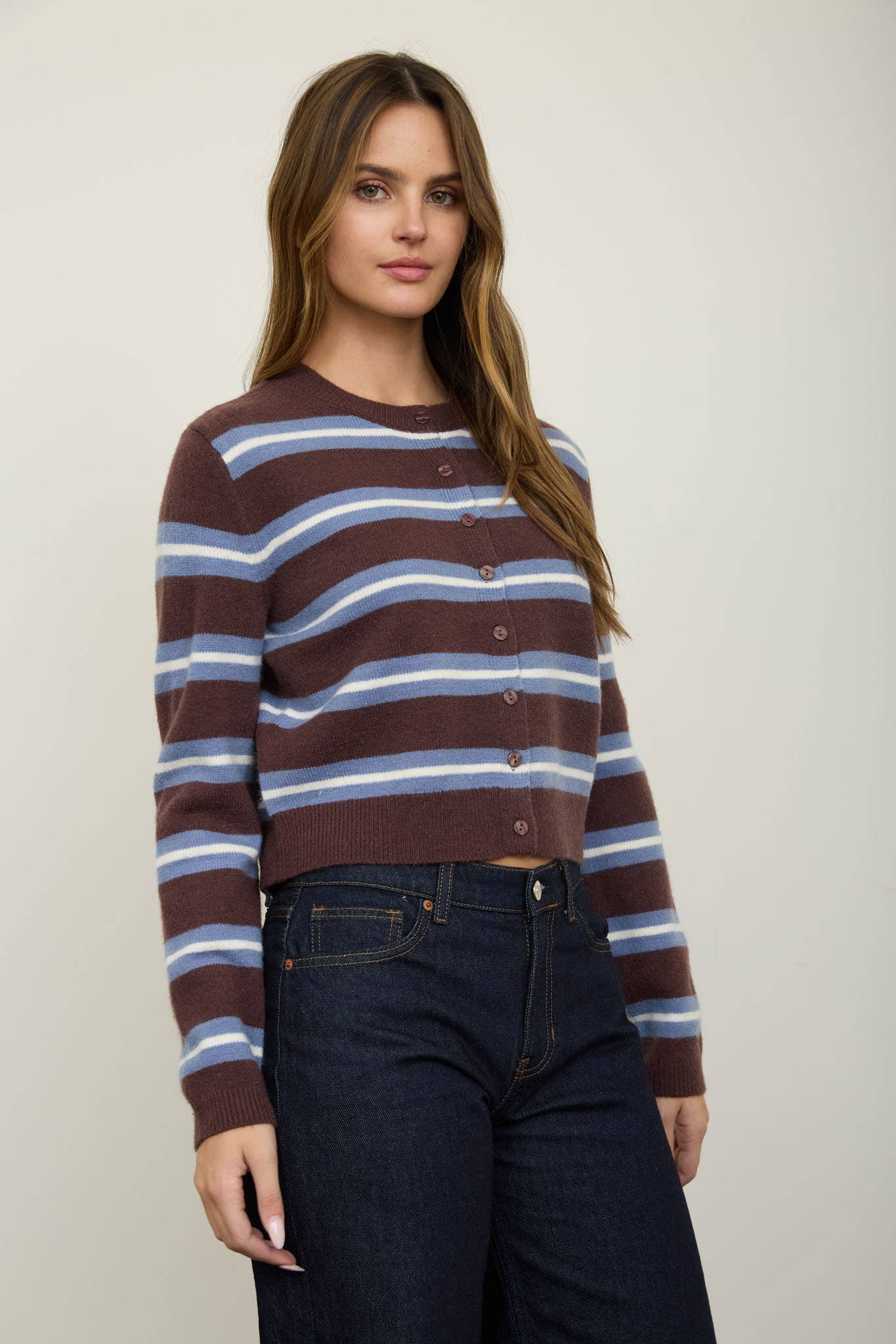 Rowan Stripe Button Down Knit Cardigan: Brown Multi