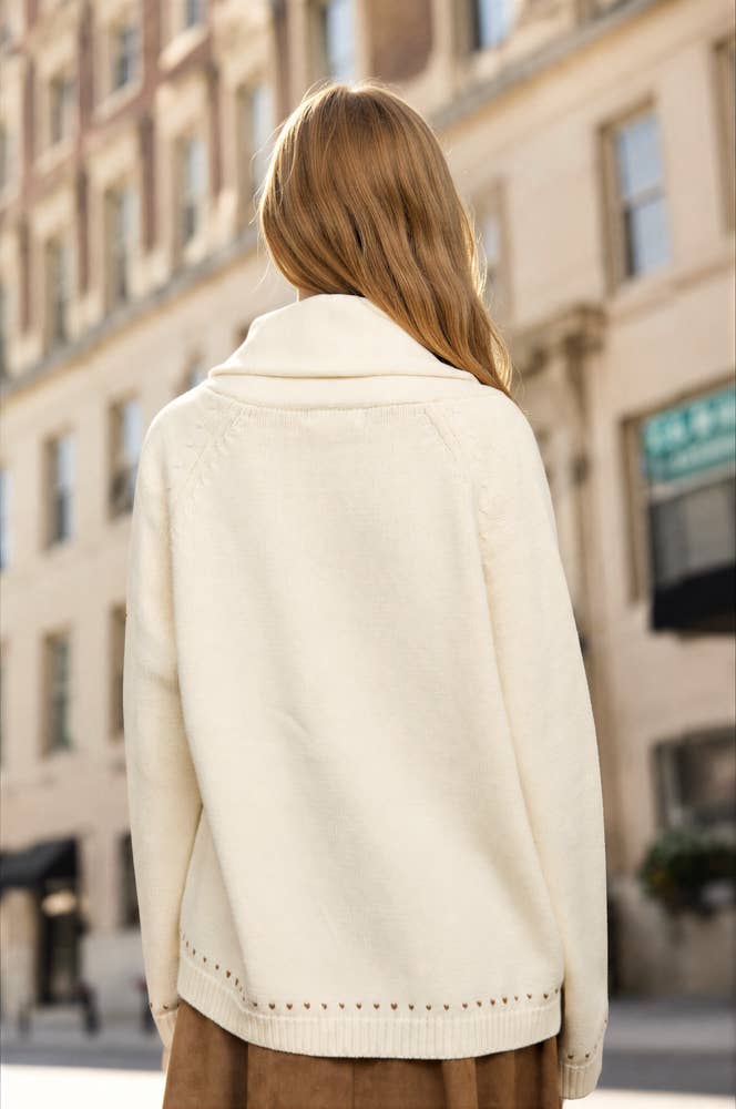 Lottie Howdy Cowboy Shawl Collar Knit Cardigan: Cream
