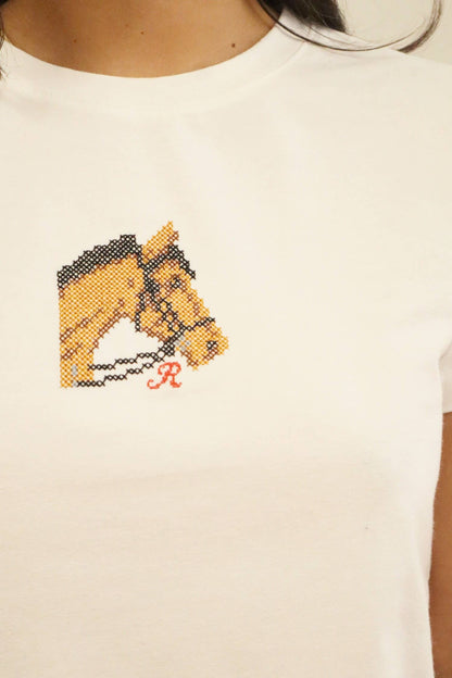 Horse Embroidered Baby Tee: Off White / L