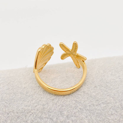 Starfish & Shell 18K Gold Plated Stainless Steel Ring
