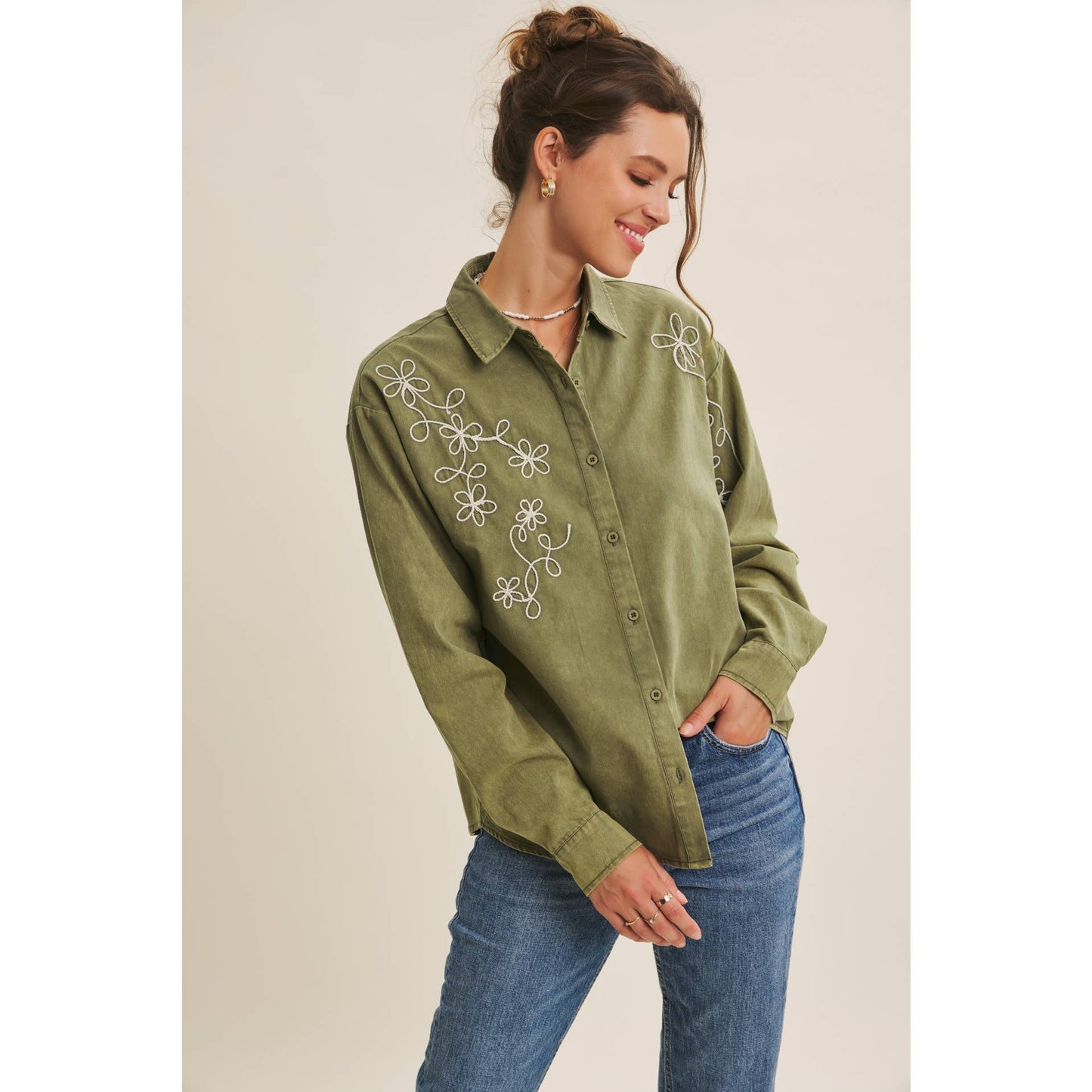 Rusting Elegance Mineral-Washed Embroidered Cotton Top: Olive