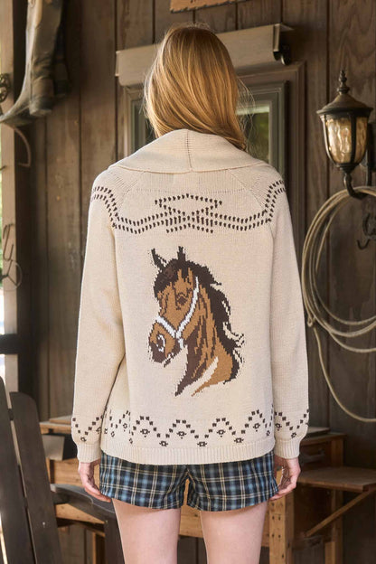 Wild Mane Horse Jacquard Shawl Knit Cardigan: Ivory