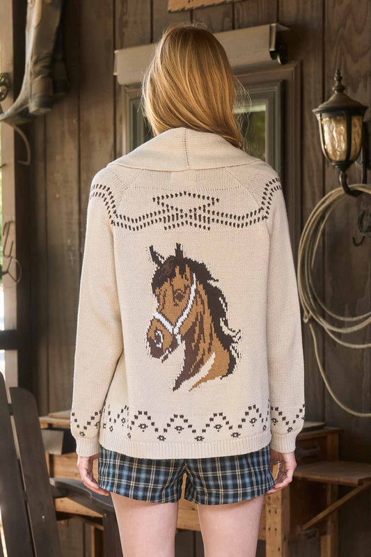 Wild Mane Horse Jacquard Shawl Knit Cardigan: Ivory