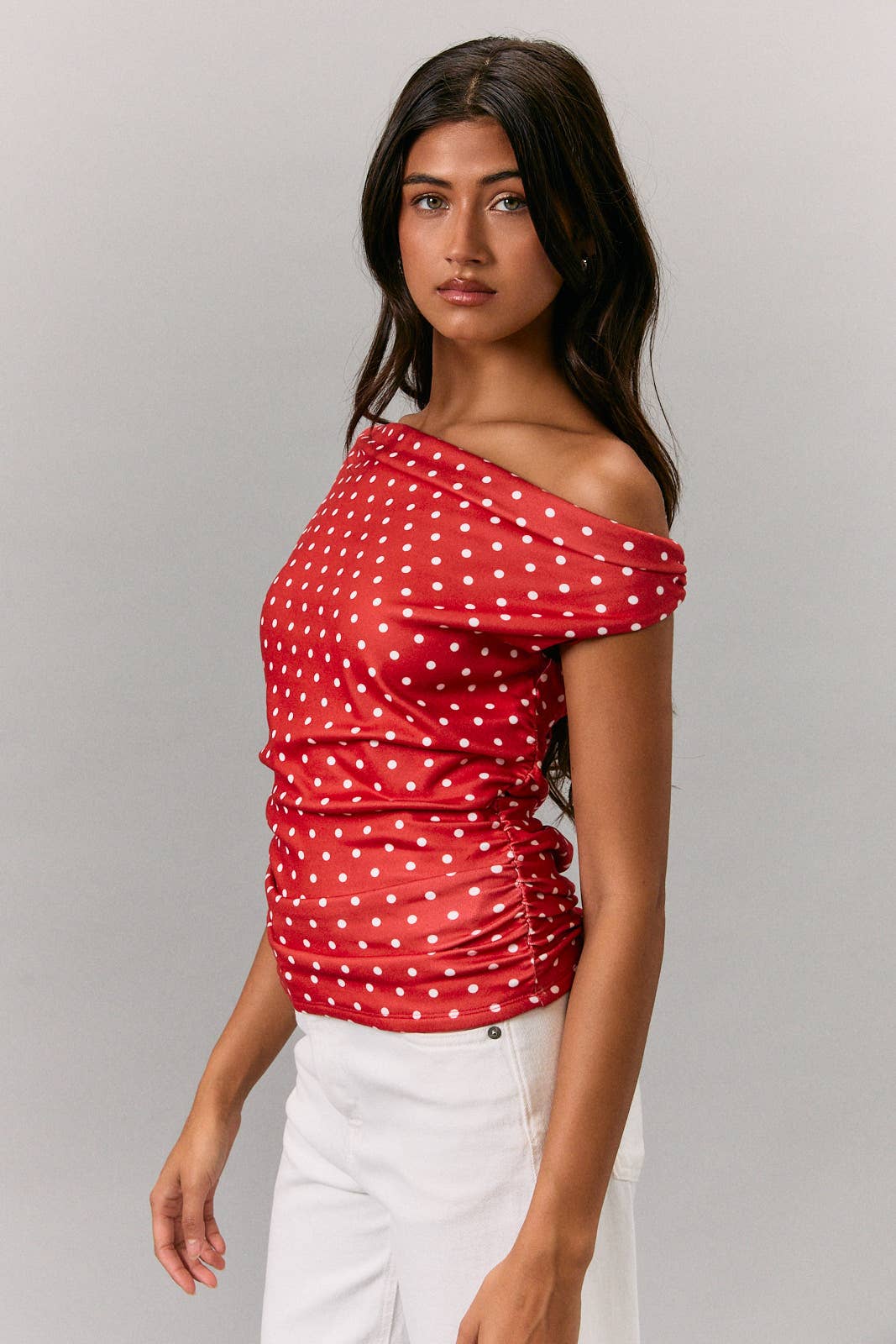 Luci Off Shoulder Top with Side Ruch: Red-White Polka Dot
