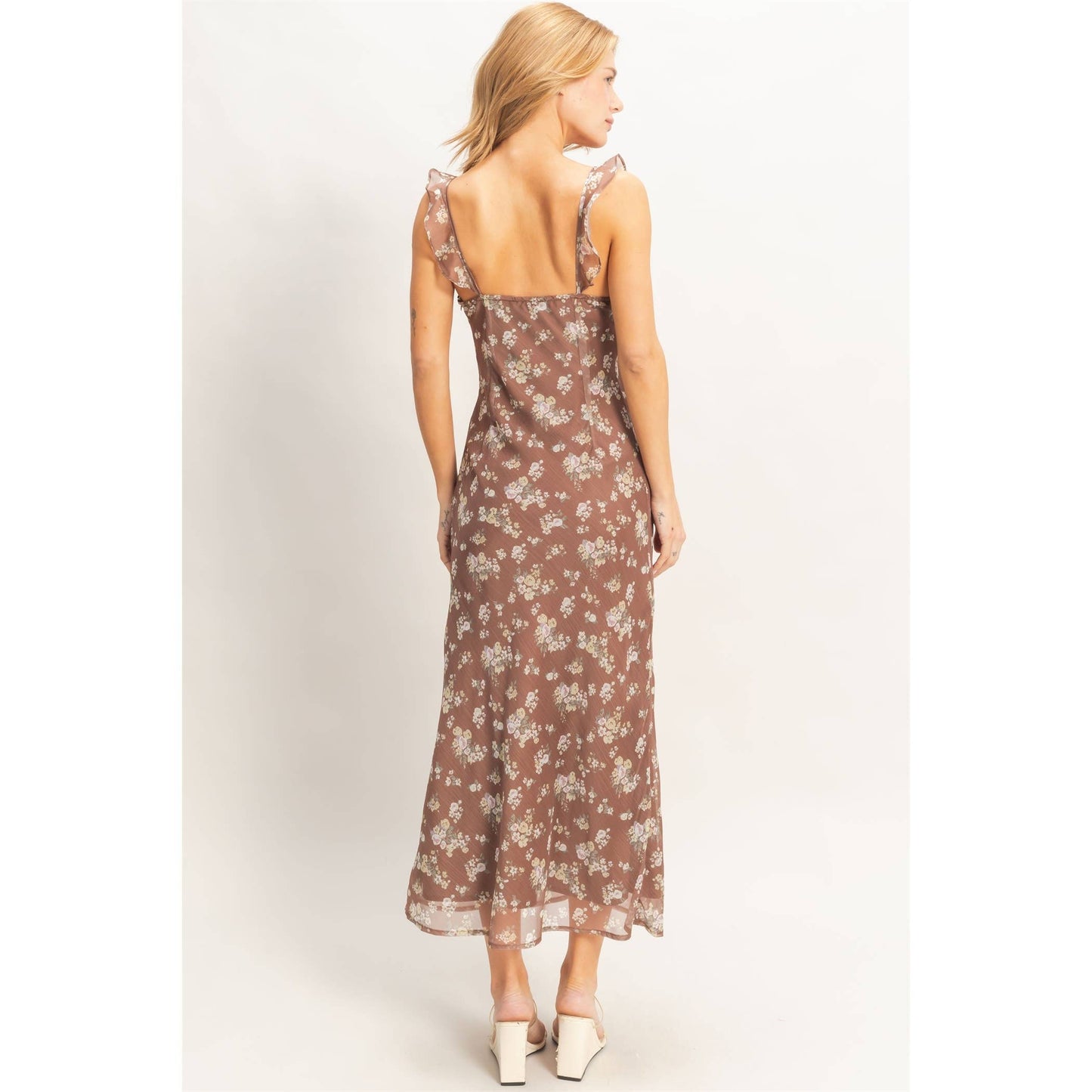 Sadie Floral Ruffle Strap Midi Dress: BROWN