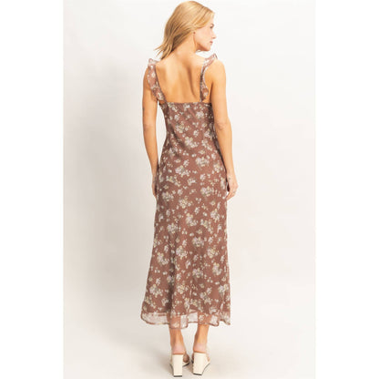 Sadie Floral Ruffle Strap Midi Dress: BROWN