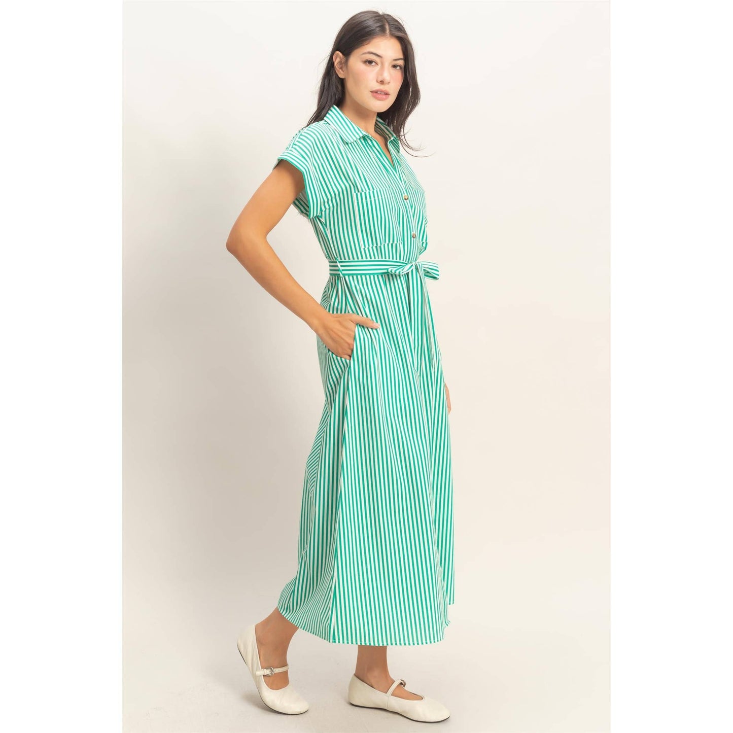 Lucky Striped Poplin Belted Shirt Dress With Pockets: GREEN