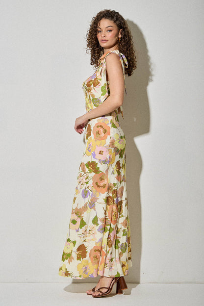 Bella Romantic Vintage Floral Summer Midi Dress with Tie Straps: CREAM ORANGE