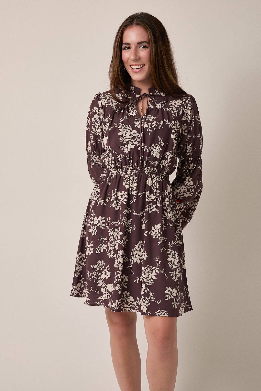November Notch Neck Front Tie Puff Long Sleeve Floral Mini Dress: Brown Cream Floral