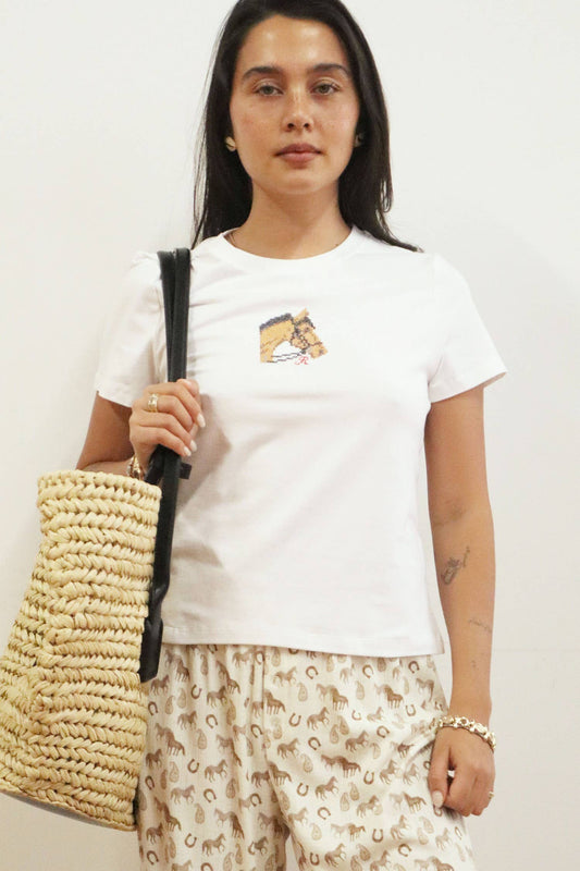 R. Horse Embroidered Baby Tee: Off White