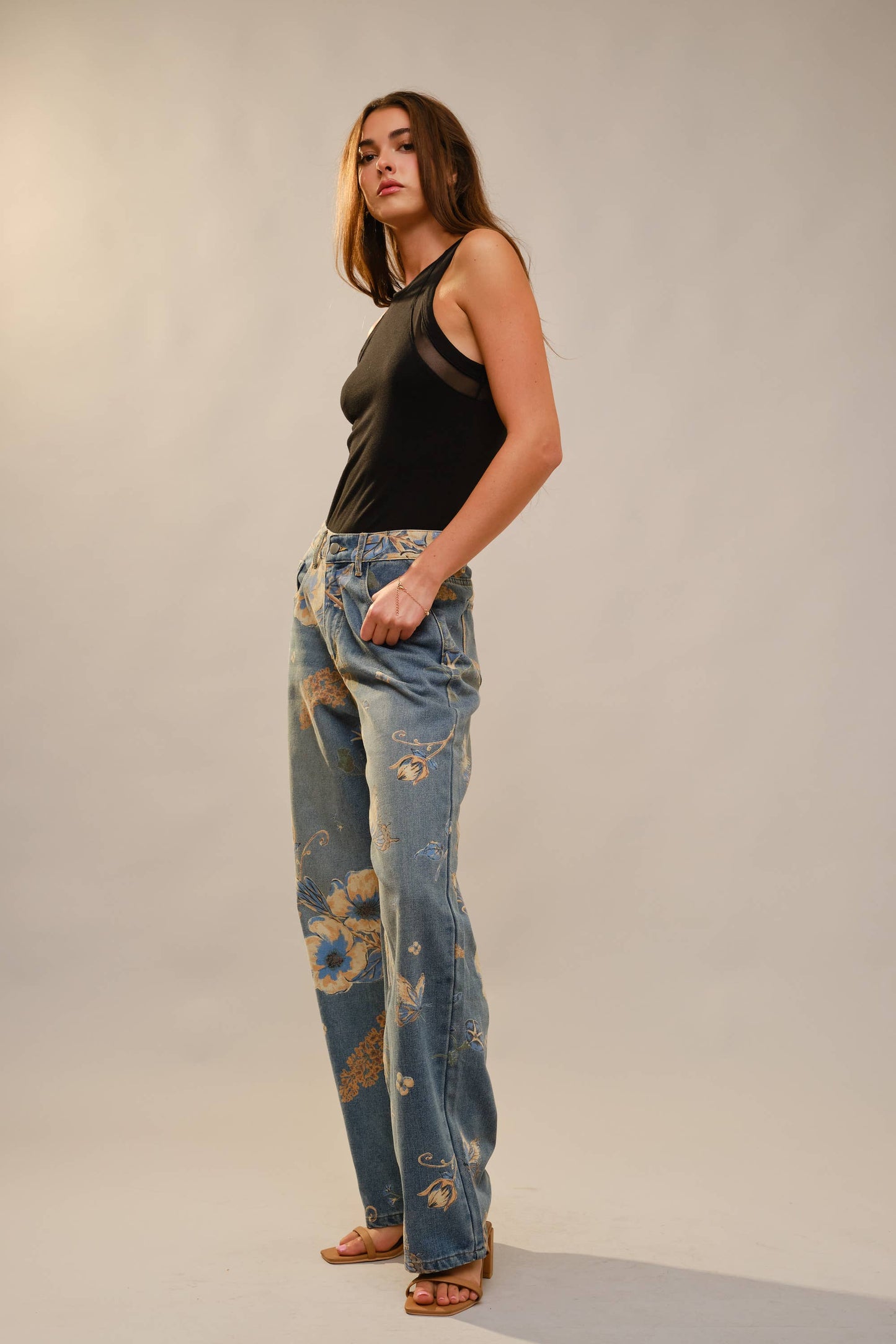 Wildflower Floral Print Wide Leg Jeans: DENIM MULTI