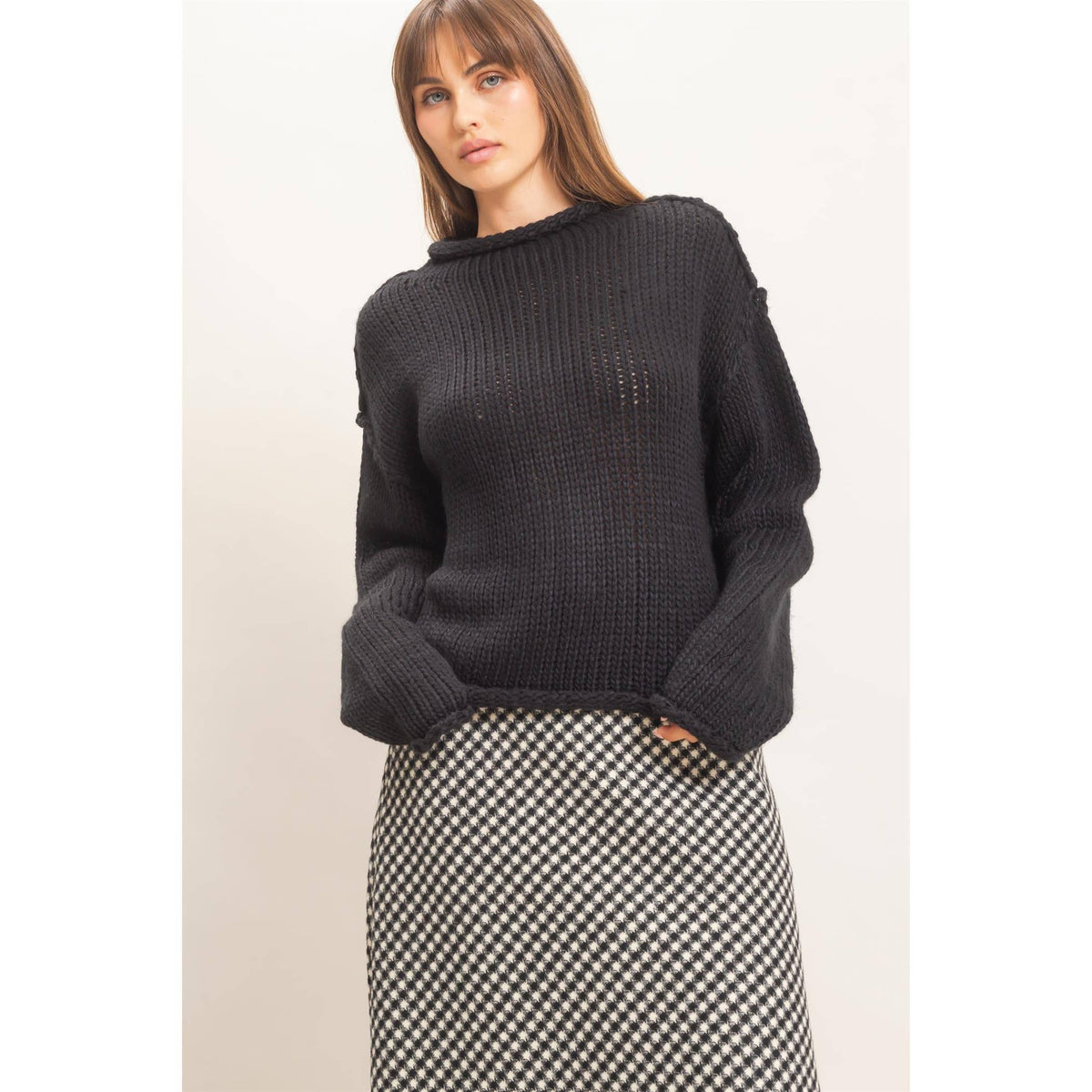 Rolled Collar Loose Knit Sweater: OATMEAL / S-M-L(2-2-2)