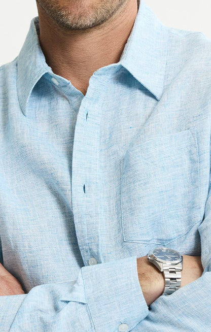 Lance 100% Linen Button-Down Shirt: BLUE SOLID