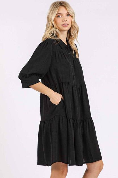 AIRFLOW RUFFLE TIER BUTTONED MINI SHIRT DRESS: SAGE / S-M-L(2-2-2)