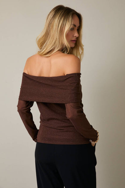 Grove Off Shoulder Long Sleeve Metallic Top: Brown