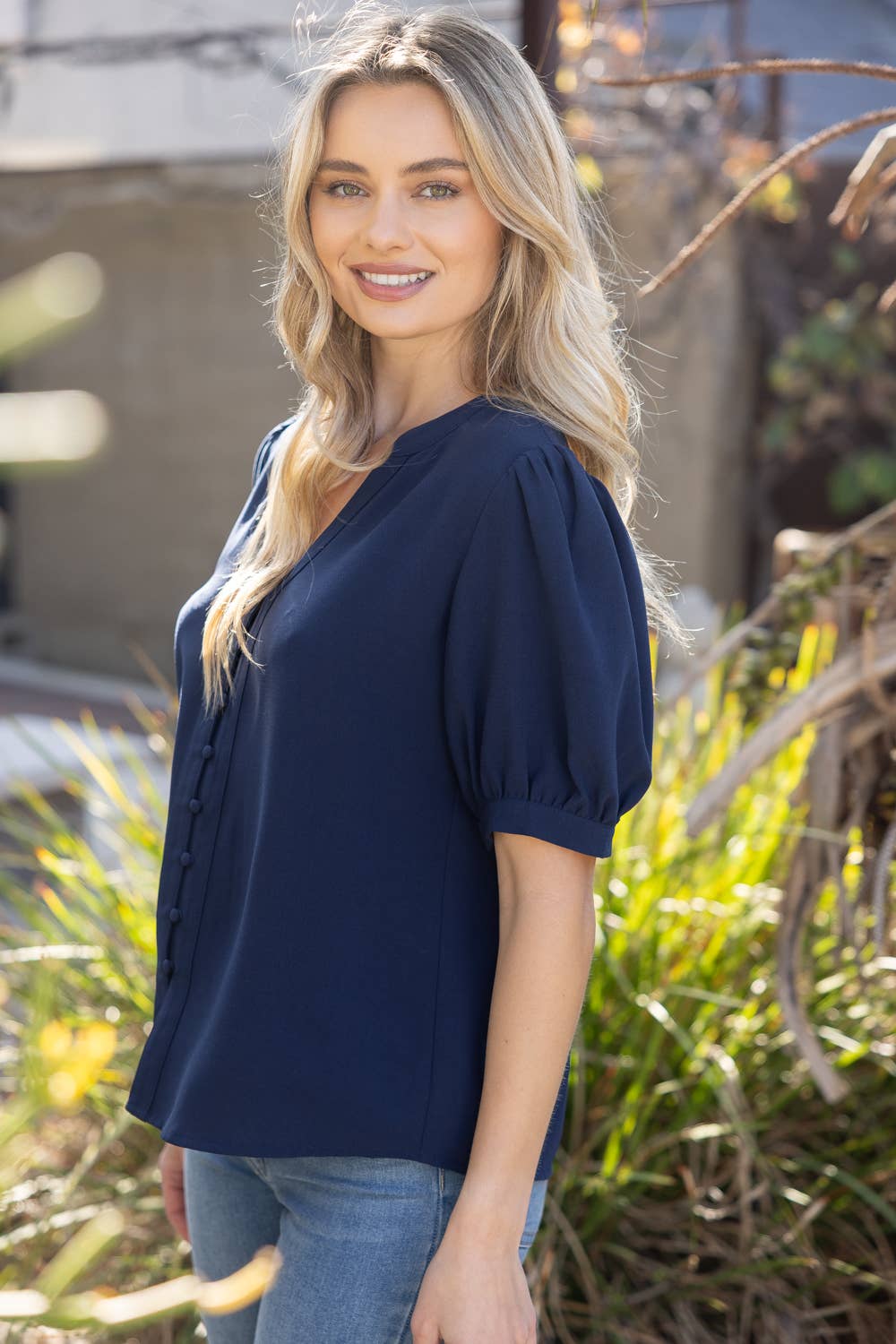 Prescott Button Down Solid Puff Sleeve Top: Navy