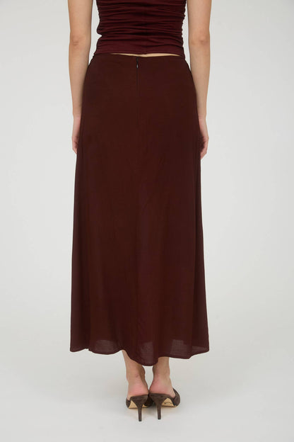 Fiona Side Slit Lightweight Midi Skirt: Burgundy