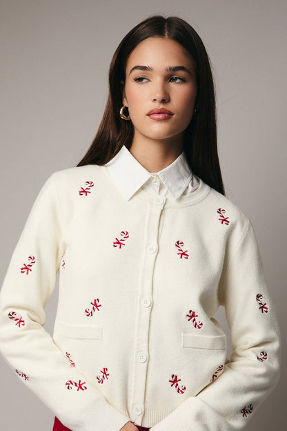 Embroidered Candy Cane Button Up Sweater Cardigan: CREAM