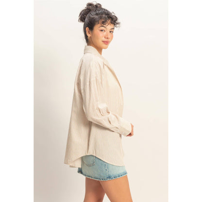 The Parker Striped Button-Up Shirt: TAUPE