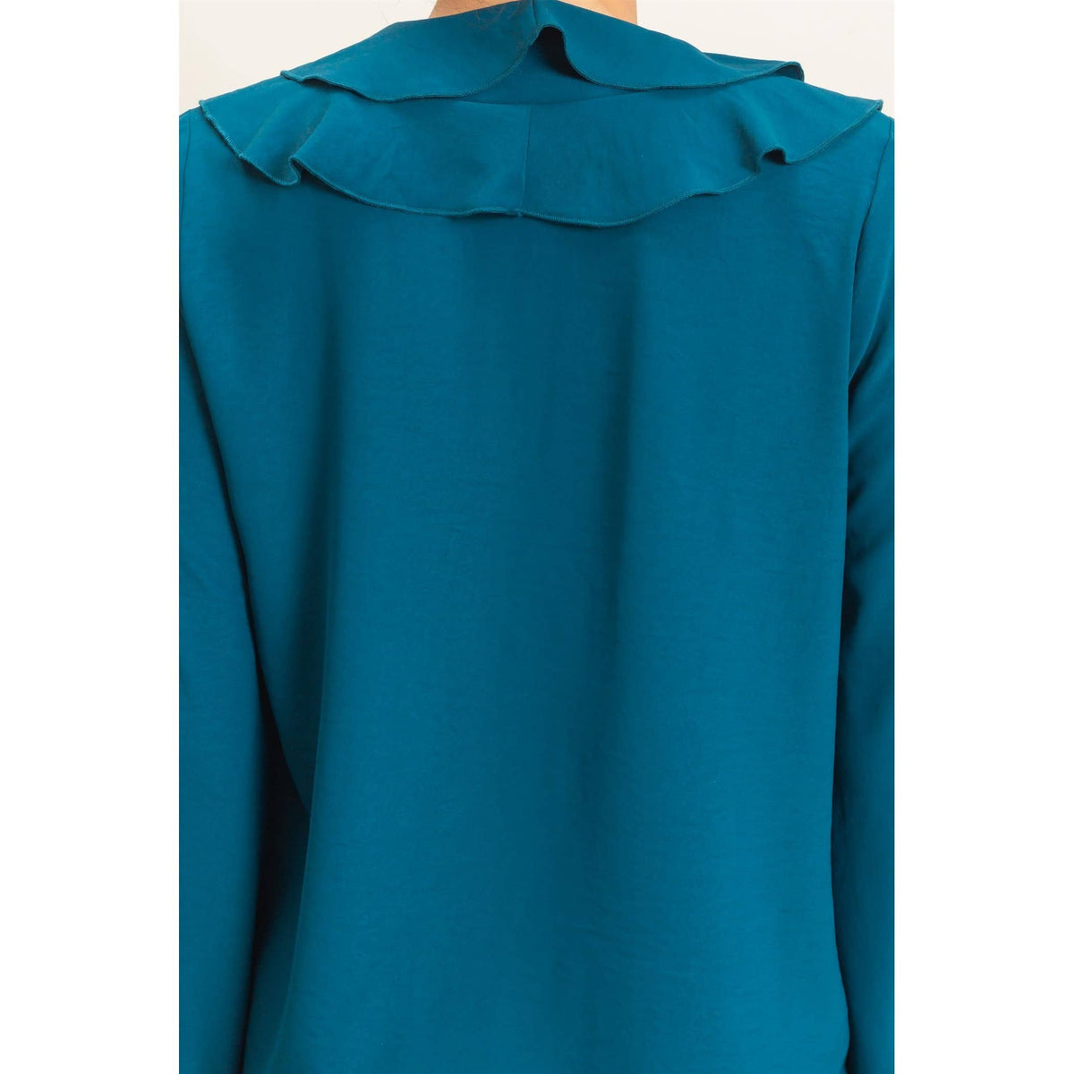Ruffled V-Neck Button-Up Blouse: TEAL / S-M-L(2-2-2)