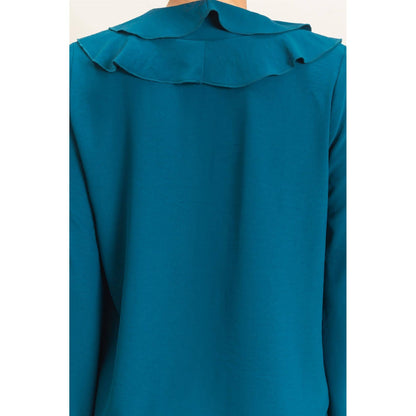 Ruffled V-Neck Button-Up Blouse: TEAL / S-M-L(2-2-2)