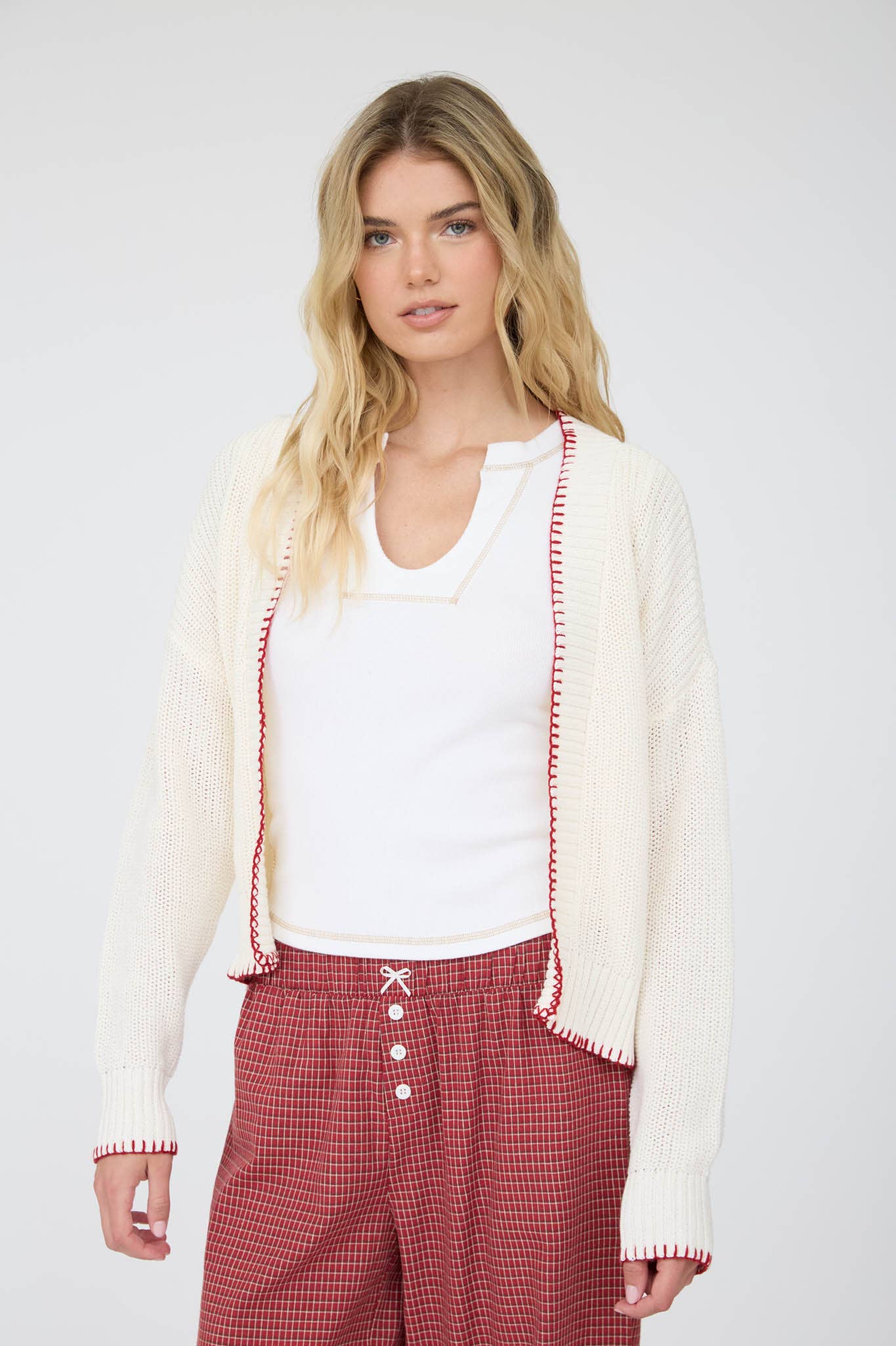 AMERICAN FLAG CONTRAST STITCH KNIT CARDIGAN: IVORY
