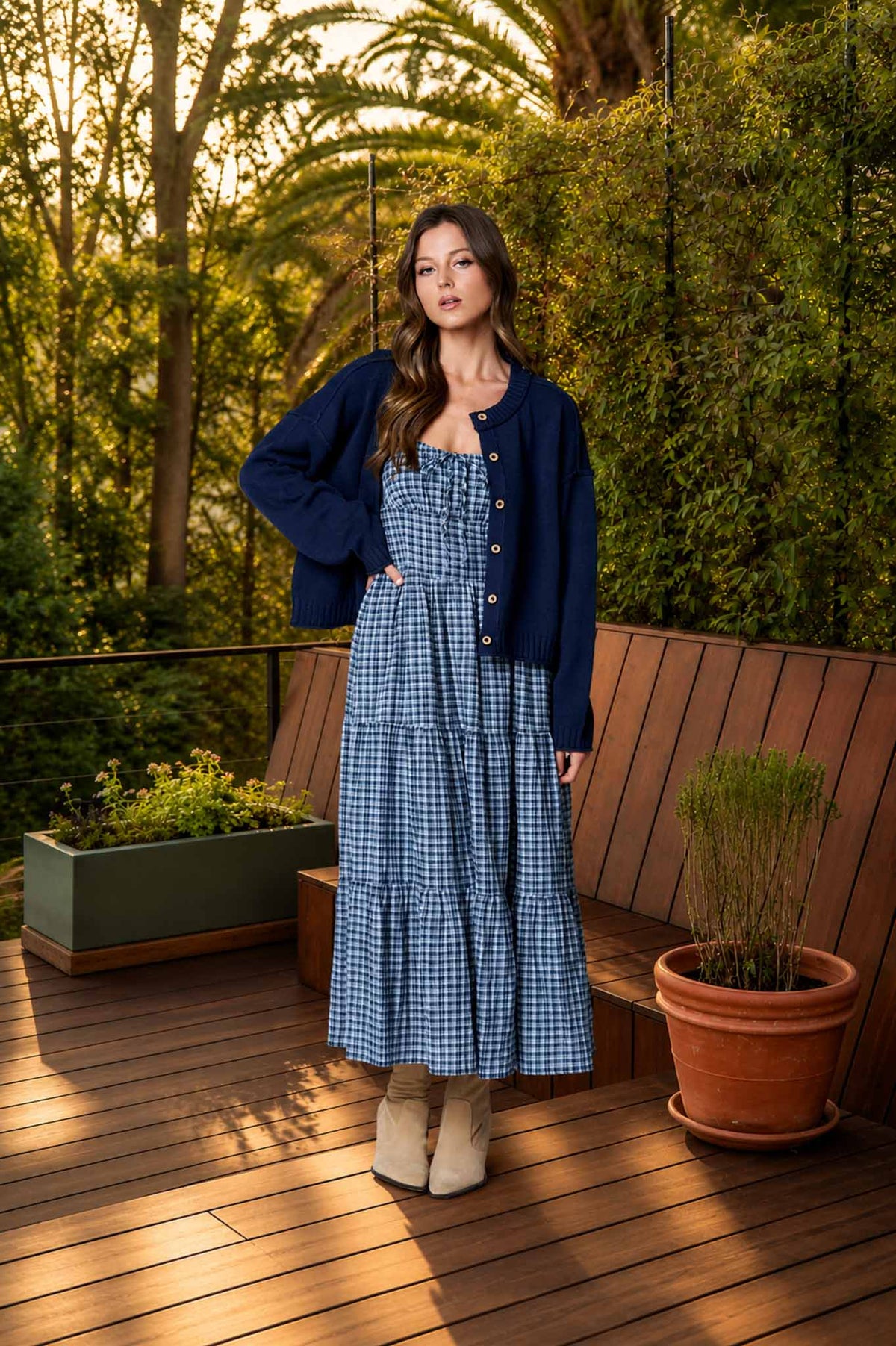 Clara Plaid Scoop Neck Tie-Front Tiered Midi Dress: Navy