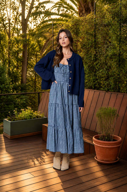 Clara Plaid Scoop Neck Tie-Front Tiered Midi Dress: Navy