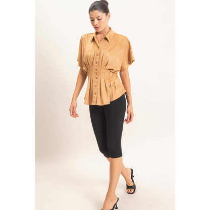 Suede Button-Down Blouse: CAMEL / S-M-L(2-2-2)