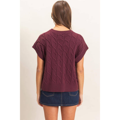 Sylvia Cable Knit Crew Neck Cap Sleeve Sweater: Dark Cherry