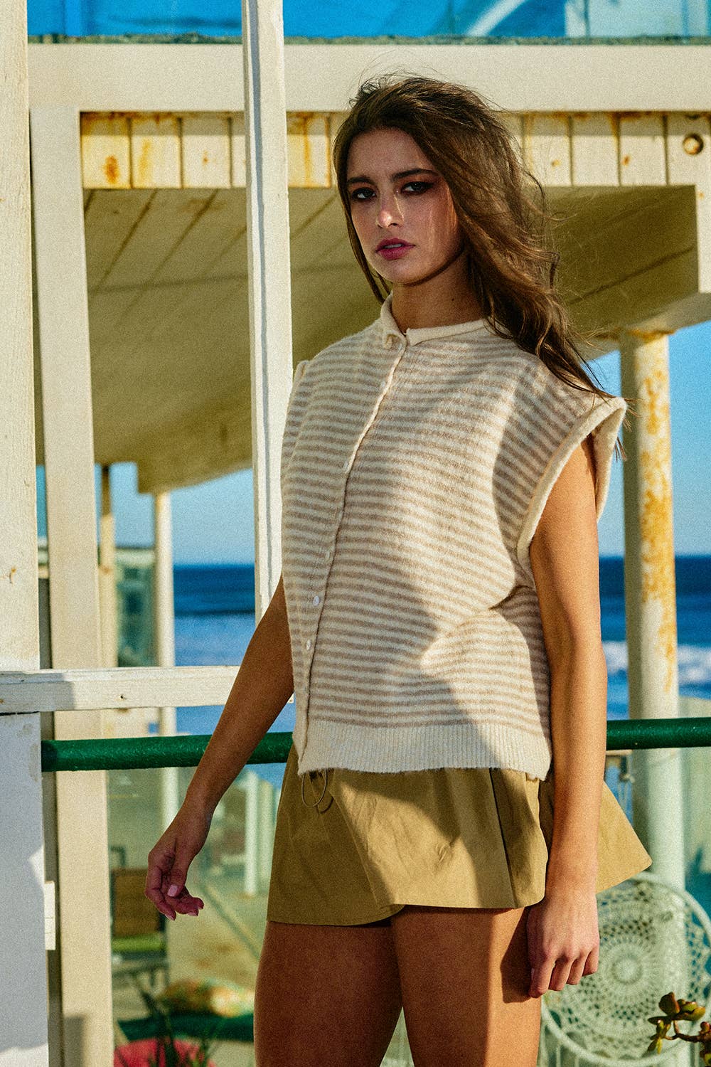 Saylor Button Front Soft Knit Stripe Cardigan: OATMEAL