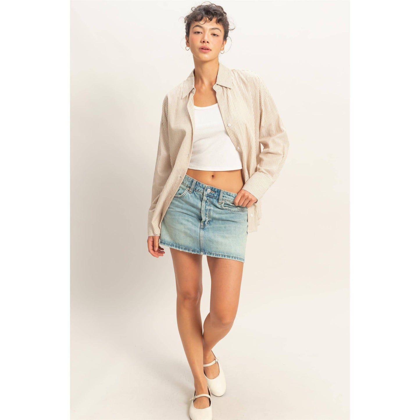 The Parker Striped Button-Up Shirt: TAUPE