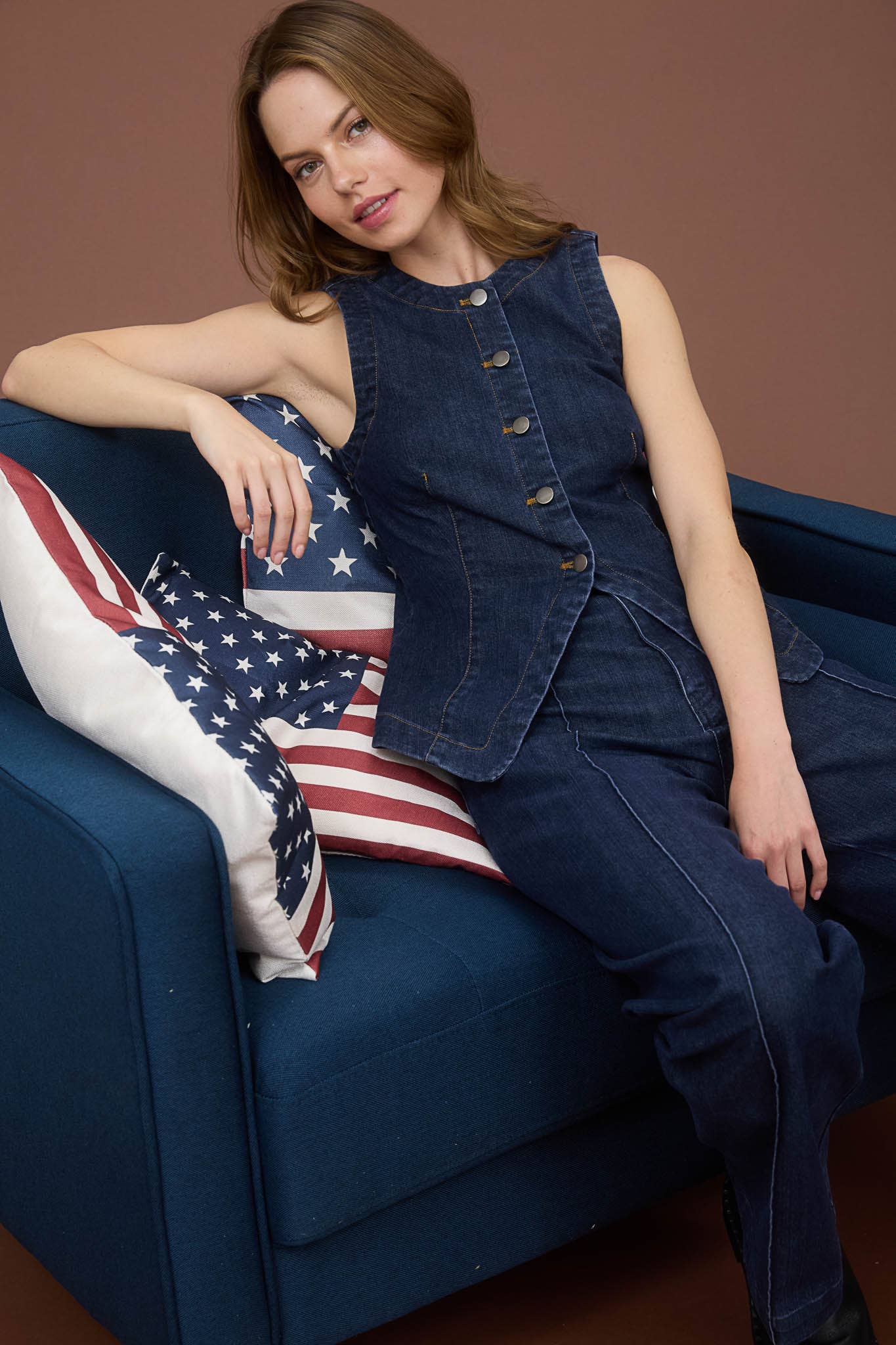 Sloane Round Neck Button Down Sleeveless Denim Vest