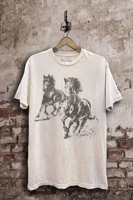 Running Horses Graphic Unisex Tee: Off White Mineral Wash