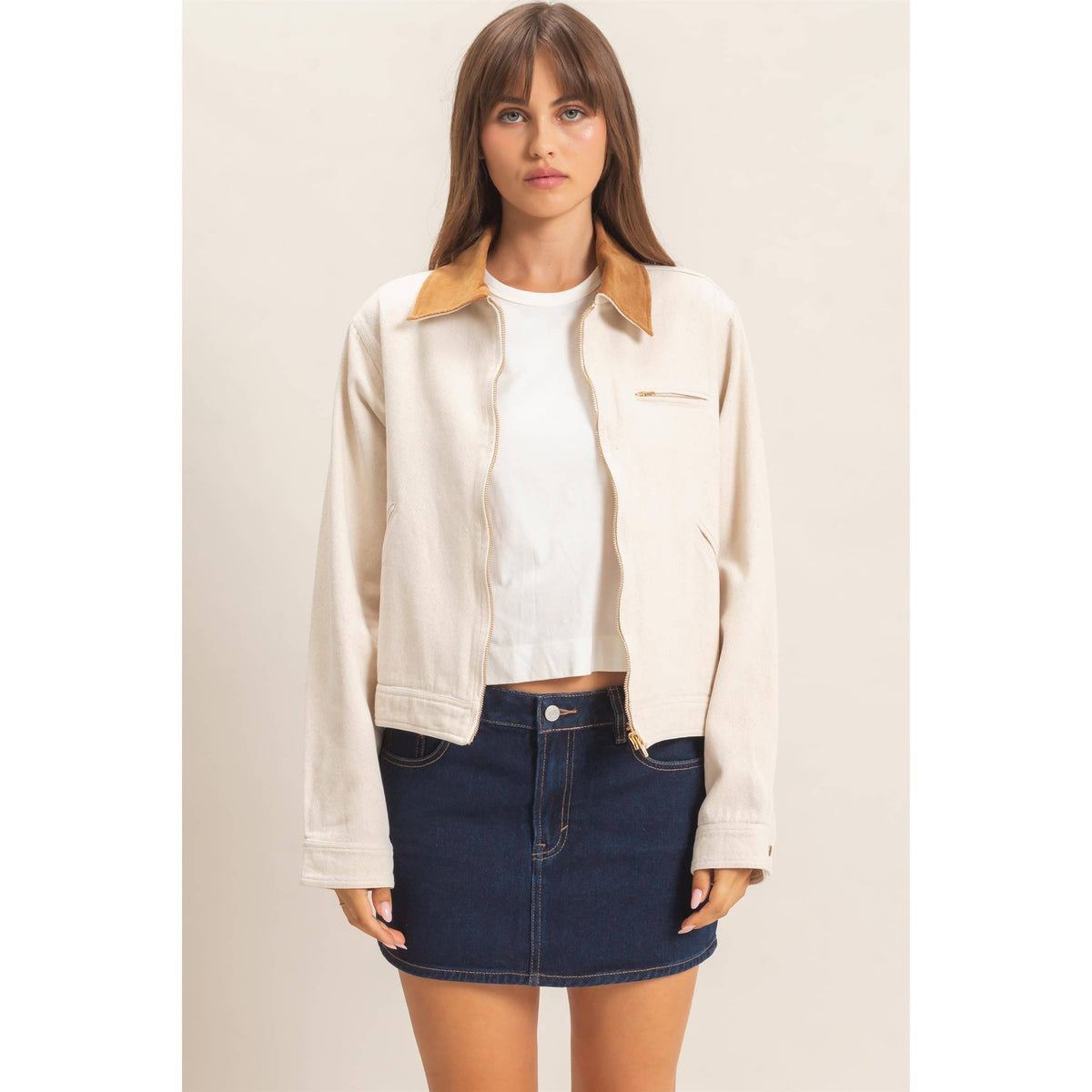 Twill Jacket With Corduroy Collar: DARK TAUPE