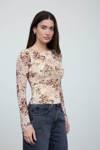 FLORAL LEOPARD PRINT LONG SLEEVE KNIT TOP: TAUPE MULTI