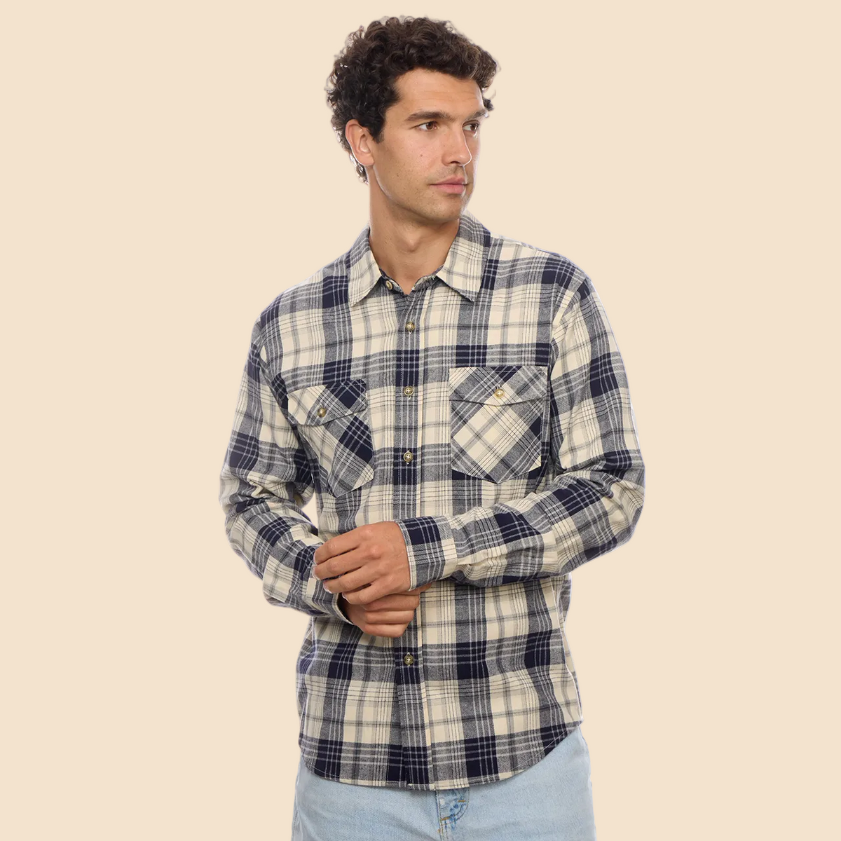 Long Sleeve Flannel Plaid Front Pockets Shirt: Navy