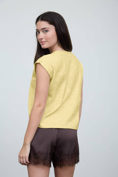 Veda Round Neck Short Sleeve Rolled Edge Knit Vest: Butter Yellow
