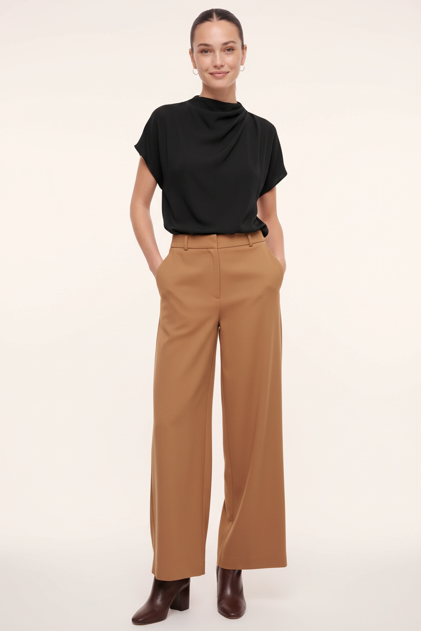 Mock Neck Draped Textured Satin Blouse: Black