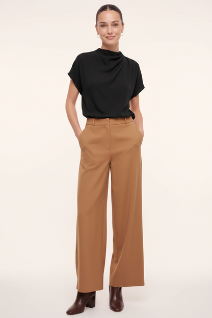 Mock Neck Draped Textured Satin Blouse: Black