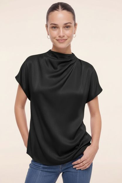 Mock Neck Satin Blouse: Black – Enhanced Sheen
